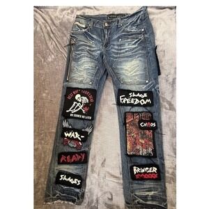 Heritage America 1776 Mens Patch Distressed Denim Jeans Blue Punk Rock W36 L32